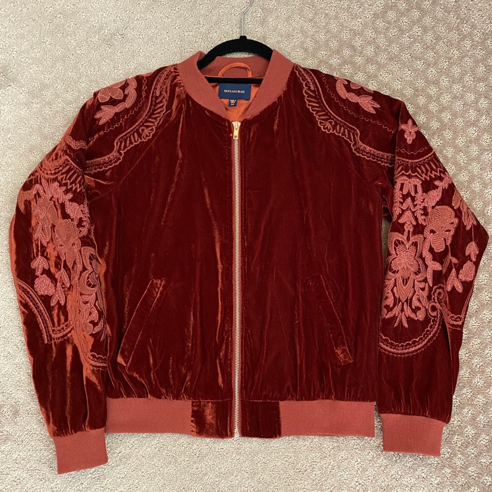 Anthropologie velvet embroidered zip up jacket
